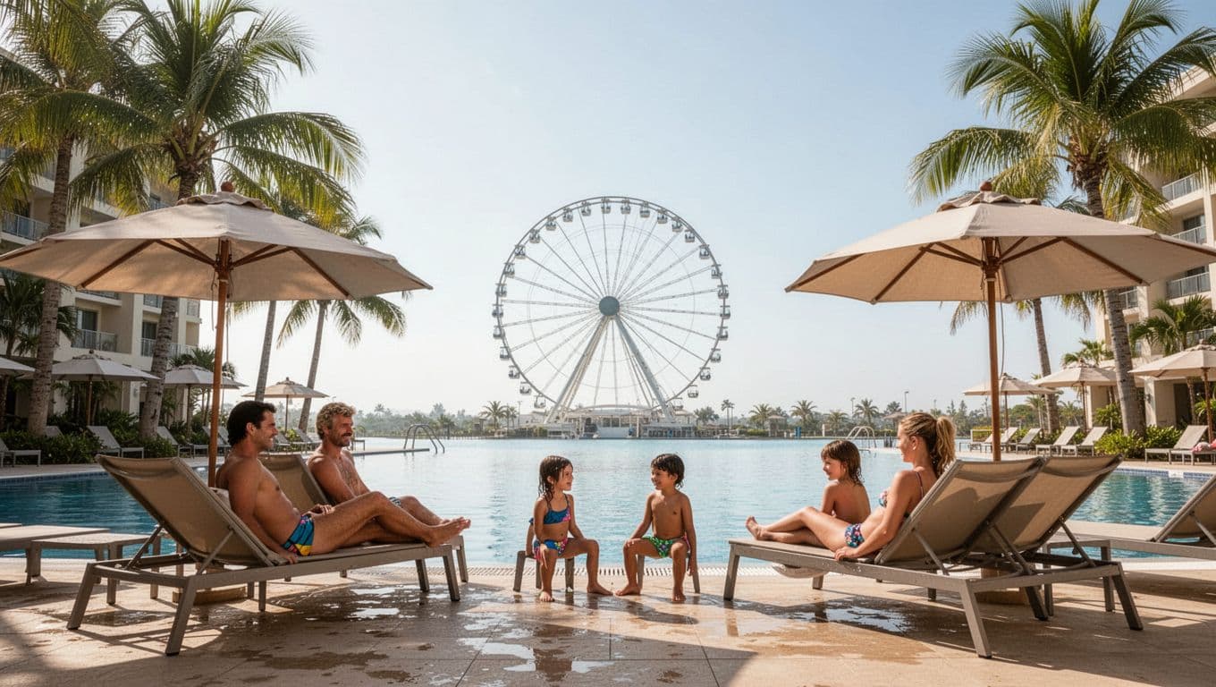 Sunny outdoor hotel pool near ICON Park Orlando with lounge chairs, umbrellas, palm trees, and distant view of The Wheel. Relaxed family atmosphere with two adults and two children lounging in swimsuits, bold 'Relax Pools' headline in green band at top.