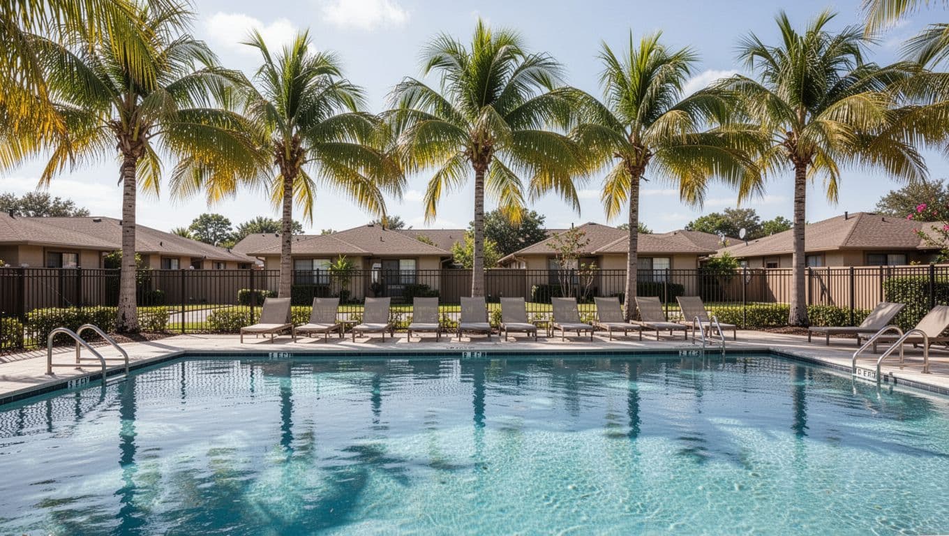 Vibrant outdoor hotel pool area on a sunny day with lounge chairs, palm trees, umbrellas, fencing, and suburban backdrop, featuring bold 'Amenities Overview' headline on green top band. Empty pool, landscape composition, even daylight lighting, no people or watermarks.