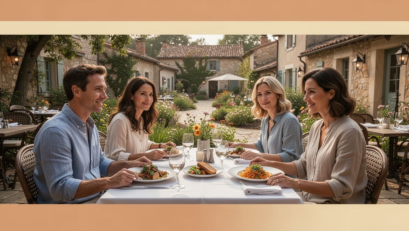 Outdoor patio dining at a casual elegant restaurant featuring Southern dishes in Mountain Brook village, with one group of four seated relaxedly under natural daylight and a bold 'Hotel Dining' headline on a green band.