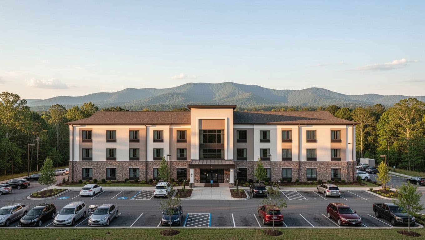 Photorealistic modern hotel exterior in Oxford Alabama featuring empty parking lot and distant Cheaha mountain views under clear daytime sky with warm sunlight.