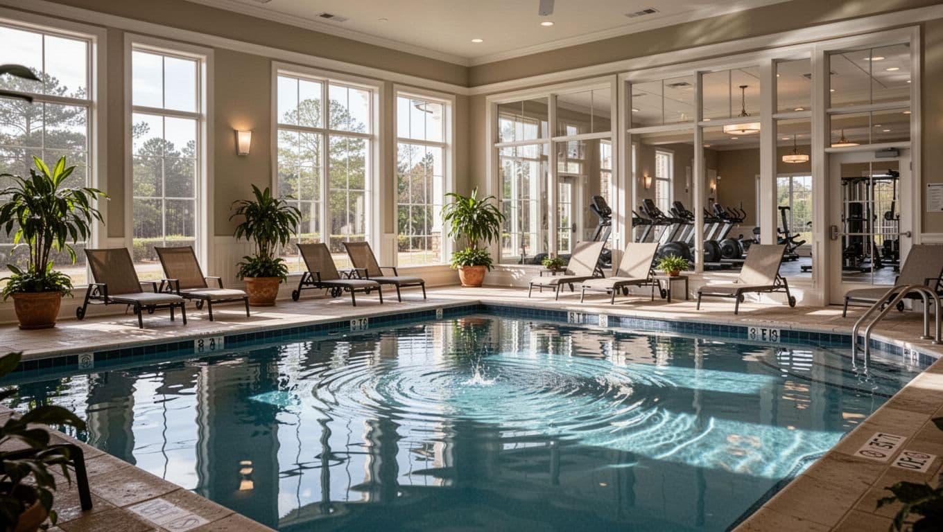 Inviting indoor hotel pool in Oxford Alabama style property near Choccolocco with calm blue water, lounge chairs, poolside plants, large windows, and distant gym view under soft natural light. Bold 'Hotel Pools' headline in green band emphasizes relaxing amenities for travelers.