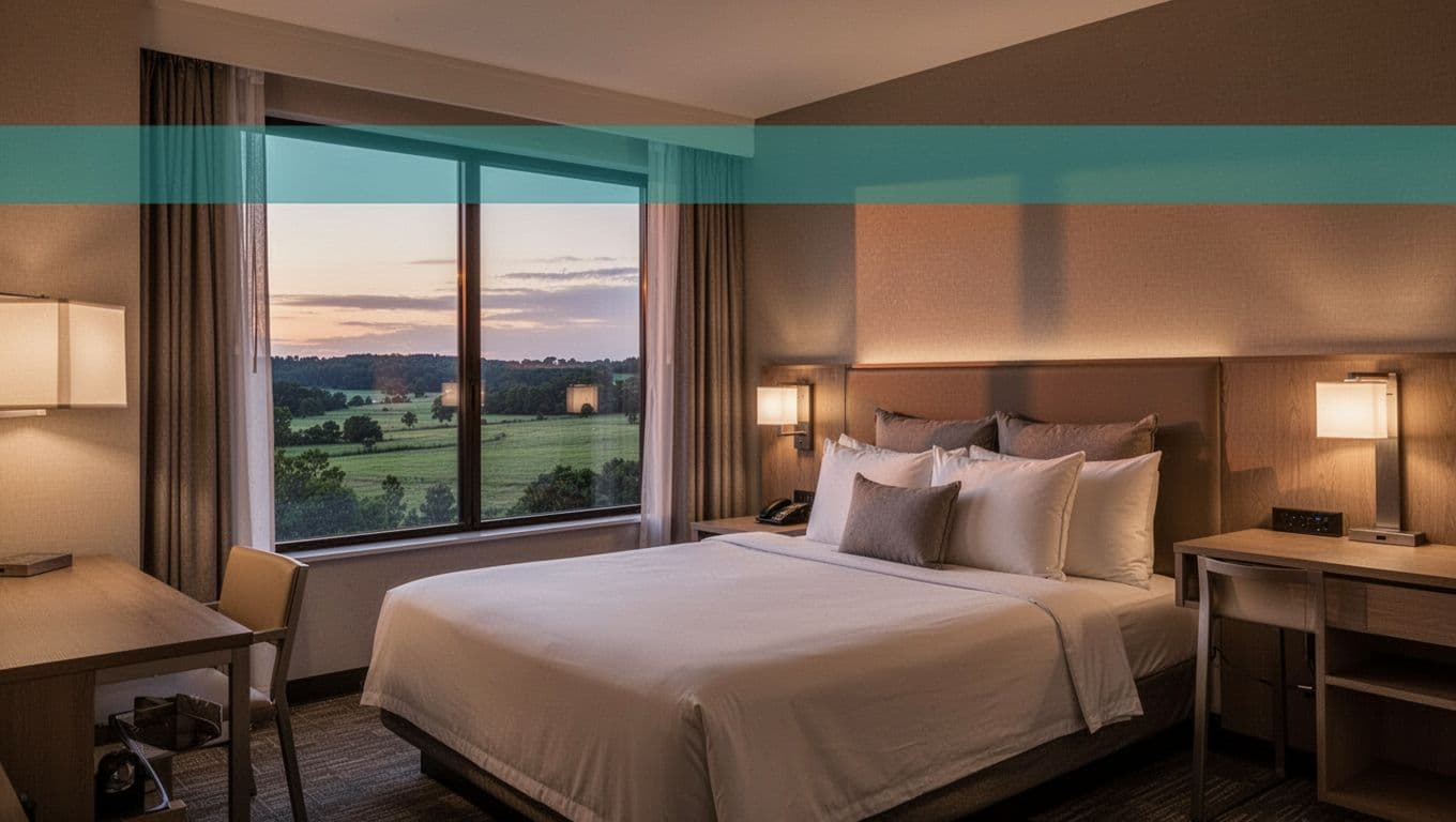 Comfortable modern hotel room interior with cozy bed, pillows, Alabama countryside view at dusk from window, simple desk, soft lighting.