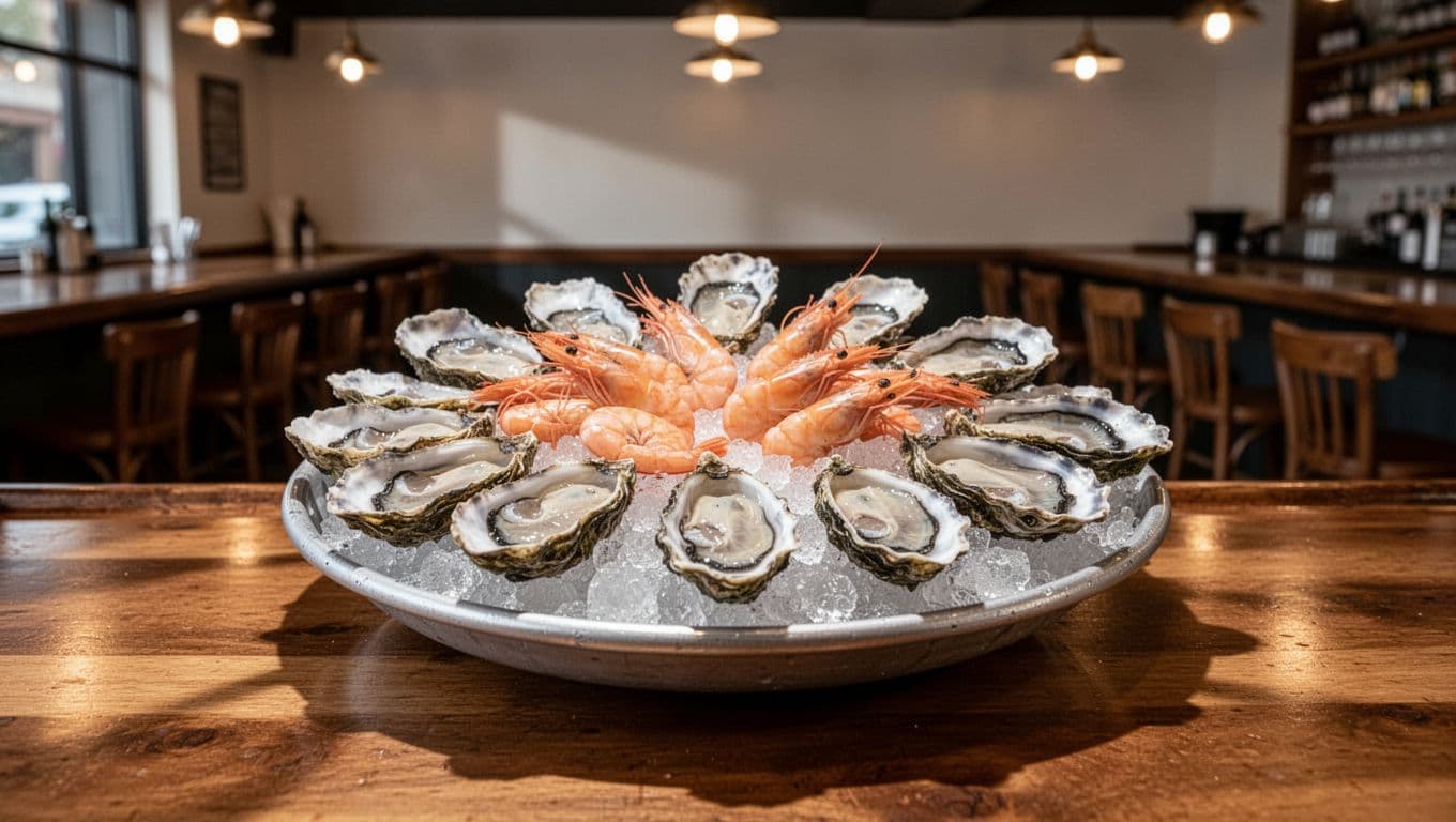 Fresh oysters and shrimp on a bed of ice in a bustling oyster bar interior, featuring a bold 'Oyster Haven' headline in a green band.
