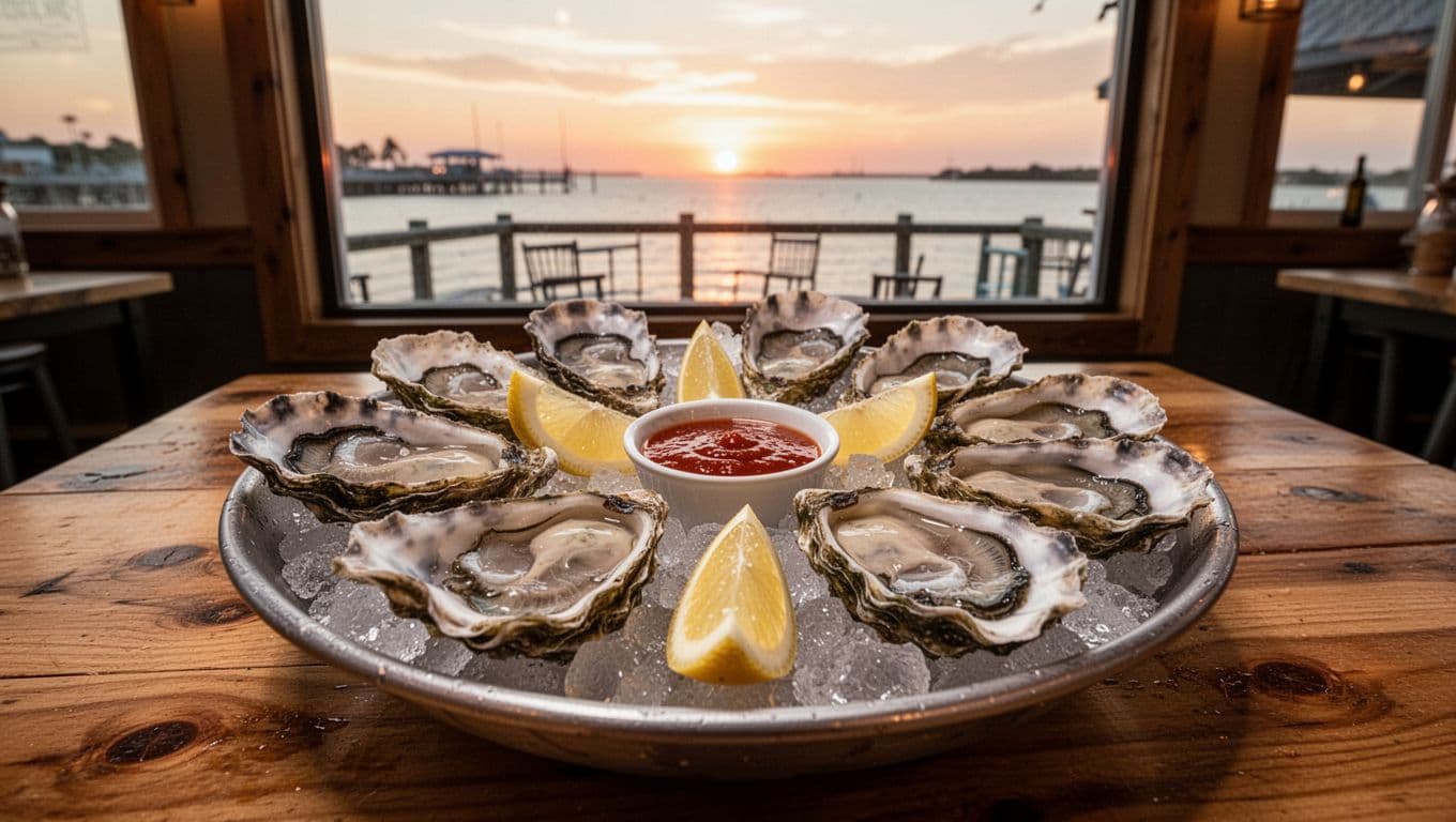 Plate of fresh Gulf oysters on ice with lemon wedges and hot sauce on wooden table in cozy oyster bar overlooking Mobile Bay at sunset, branded with Oyster Spot overlay.