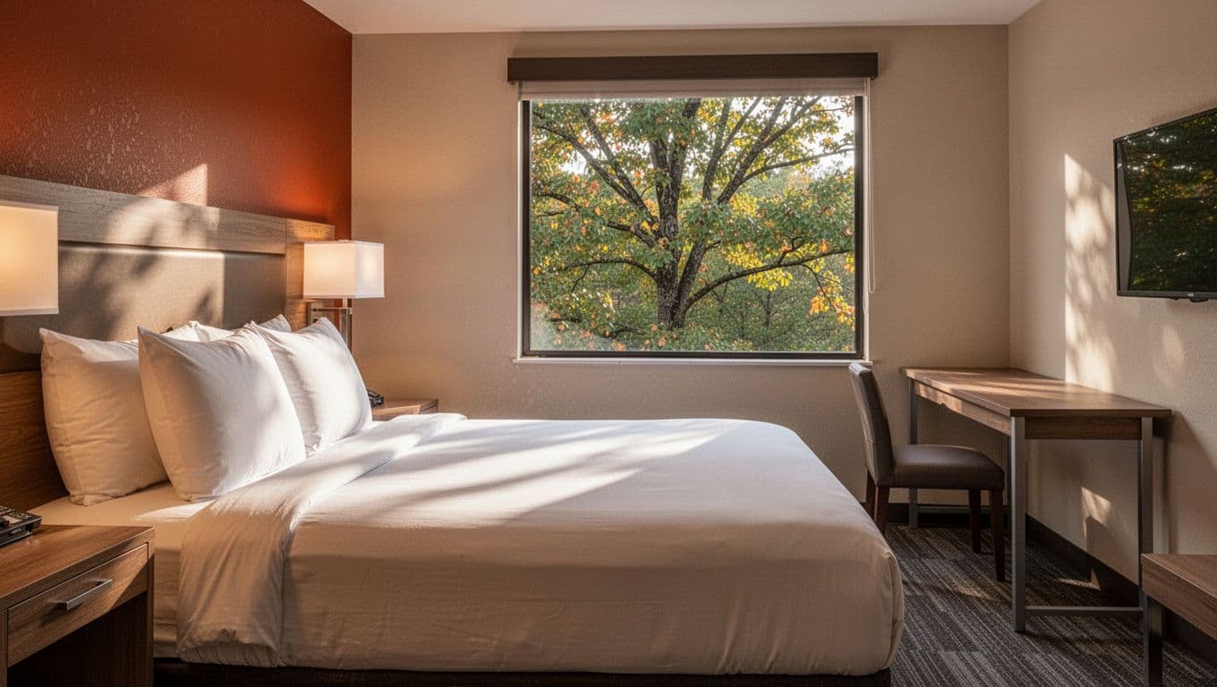 Cozy hotel room interior in budget Ozark AL property with queen bed, pillows, desk, and window view of trees in modern clean design. Warm indoor lighting and realistic photo style with bold 'Room Comfort' headline.