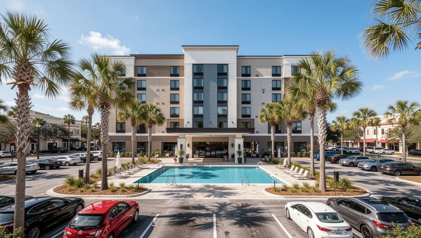 Comfortable modern hotel exterior in Ozark, Alabama, featuring outdoor pool, palm trees, parking lot, and blue sky in sunny southern US town. Wide landscape view of entrance and pool area in realistic photography style with vibrant colors and bold 'Ozark Hotels' headline band.