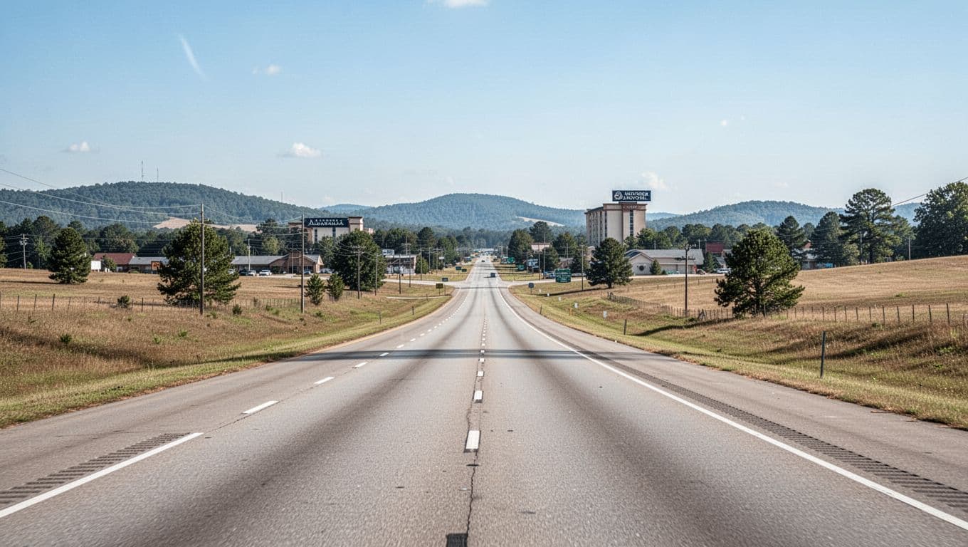 Photorealistic landscape of a highway leading into Ozark, Alabama near Fort Novosel, featuring subtle hotel sign in the background, trees, fields, and small town charm under a clear daytime sky, with a bold green header band displaying 'Ozark Hotel Views'.
