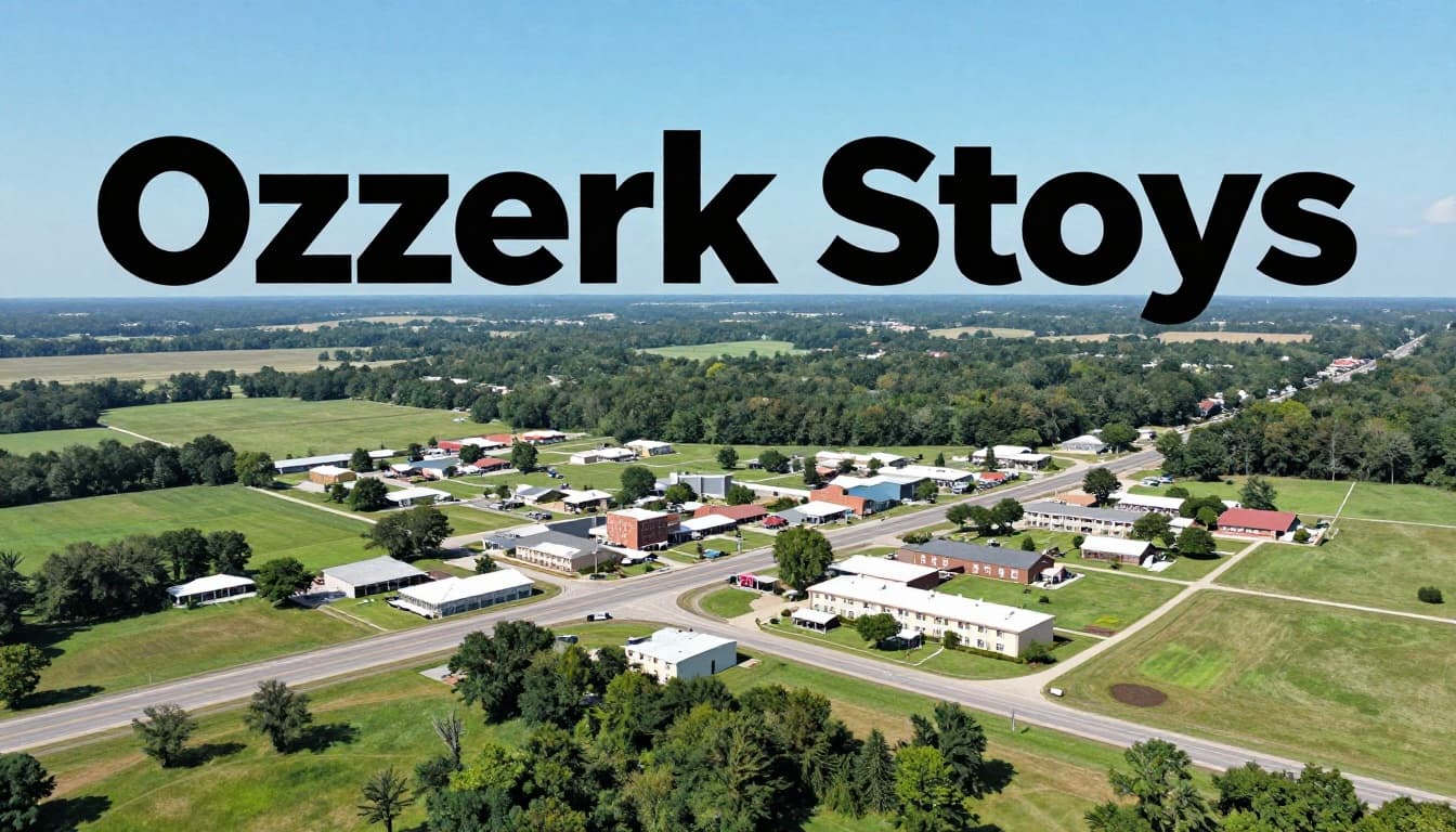Aerial view of Ozark, Alabama downtown featuring nearby hotels along the highway and Fort Novosel in the distance, sunny day with clear skies and small-town charm.