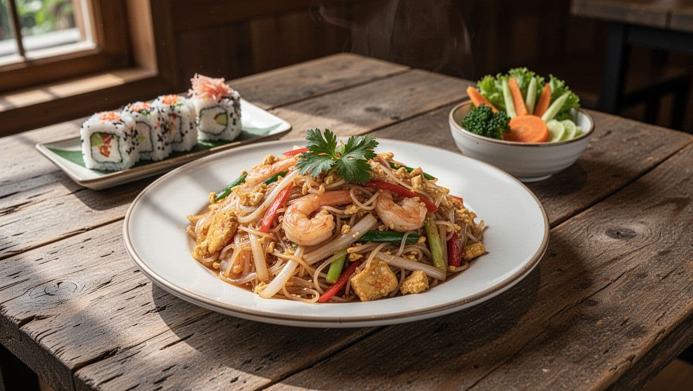 Colorful centered plate of pad Thai noodles and fresh sushi roll in cozy Thai restaurant setting Pelham Alabama, soft lighting realistic photo with bold 'Fresh Flavors' headline in Montserrat Black on green band top. Exactly one main dish two sides no people neutral tones.