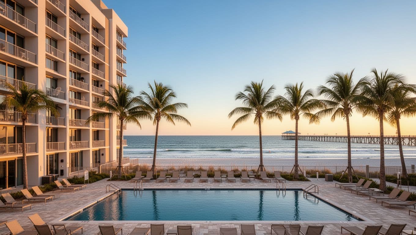 Modern beachfront hotel in Panama City Beach at sunset, with palm trees, ocean waves, distant pier, and empty pool in foreground under clear blue skies.