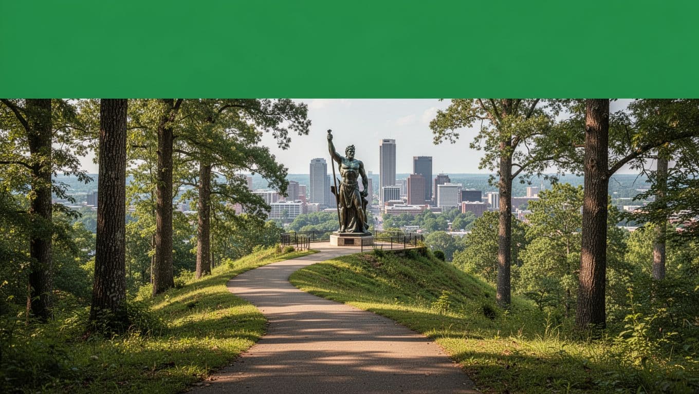 Editorial image featuring a bold 'Park Access' headline on a green band at the top, with a realistic ground-level photo below of a serene walking path ascending a green hillside to the Vulcan statue overlook, showcasing the Birmingham skyline on a sunny day.