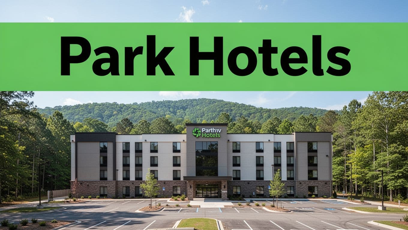 Modern hotel exterior in Pelham, Alabama, situated near the wooded hills of Oak Mountain State Park, captured in bright daylight with a wide landscape view, featuring a prominent 'Park Hotels' headline on a green band.