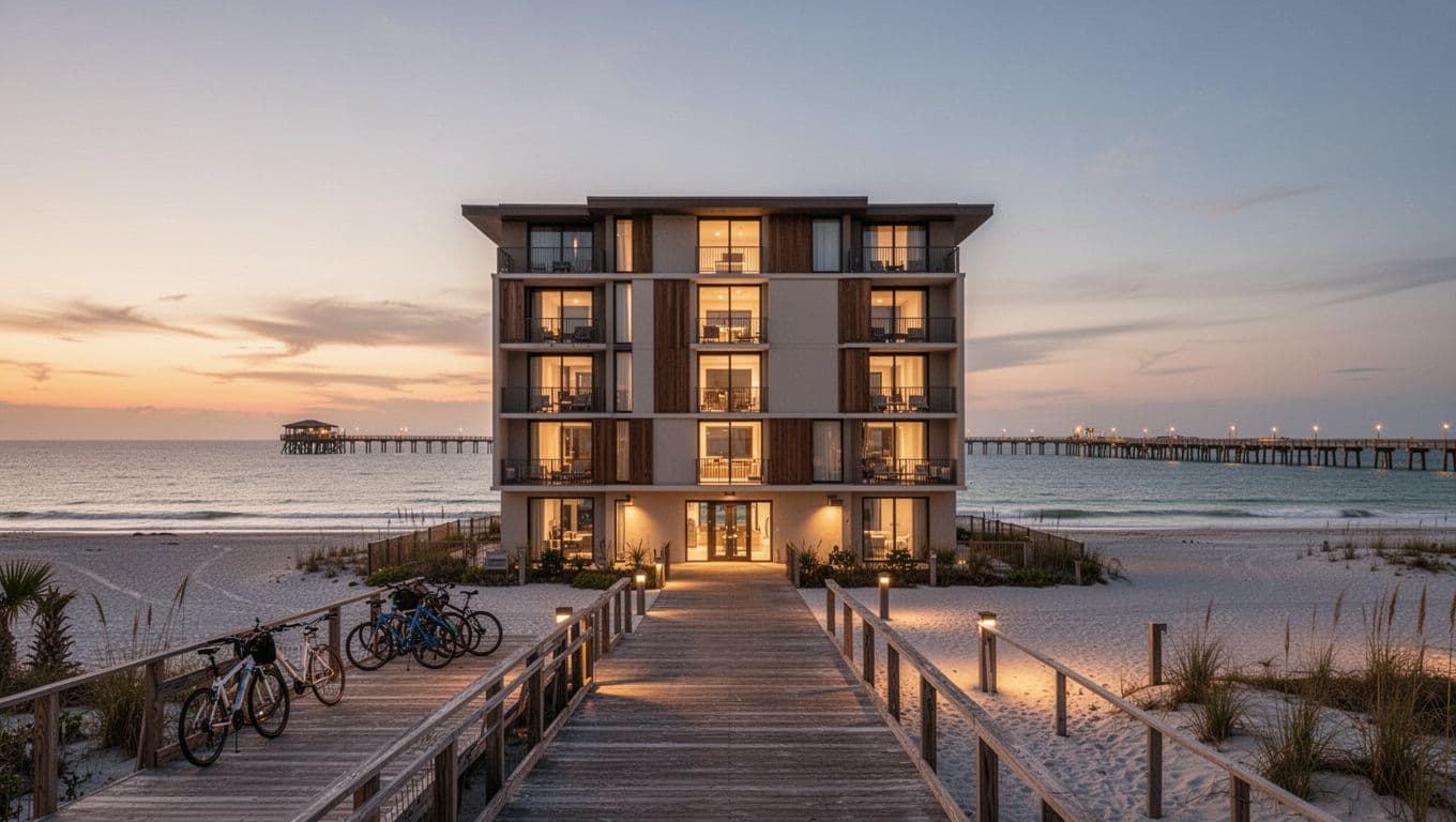 Exterior view of modern eco-friendly Parkside Lodge at Gulf State Park at dusk, featuring beachfront boardwalk, parked bikes nearby, Gulf waters, pier in background, and warm lights on the building for a serene atmosphere.