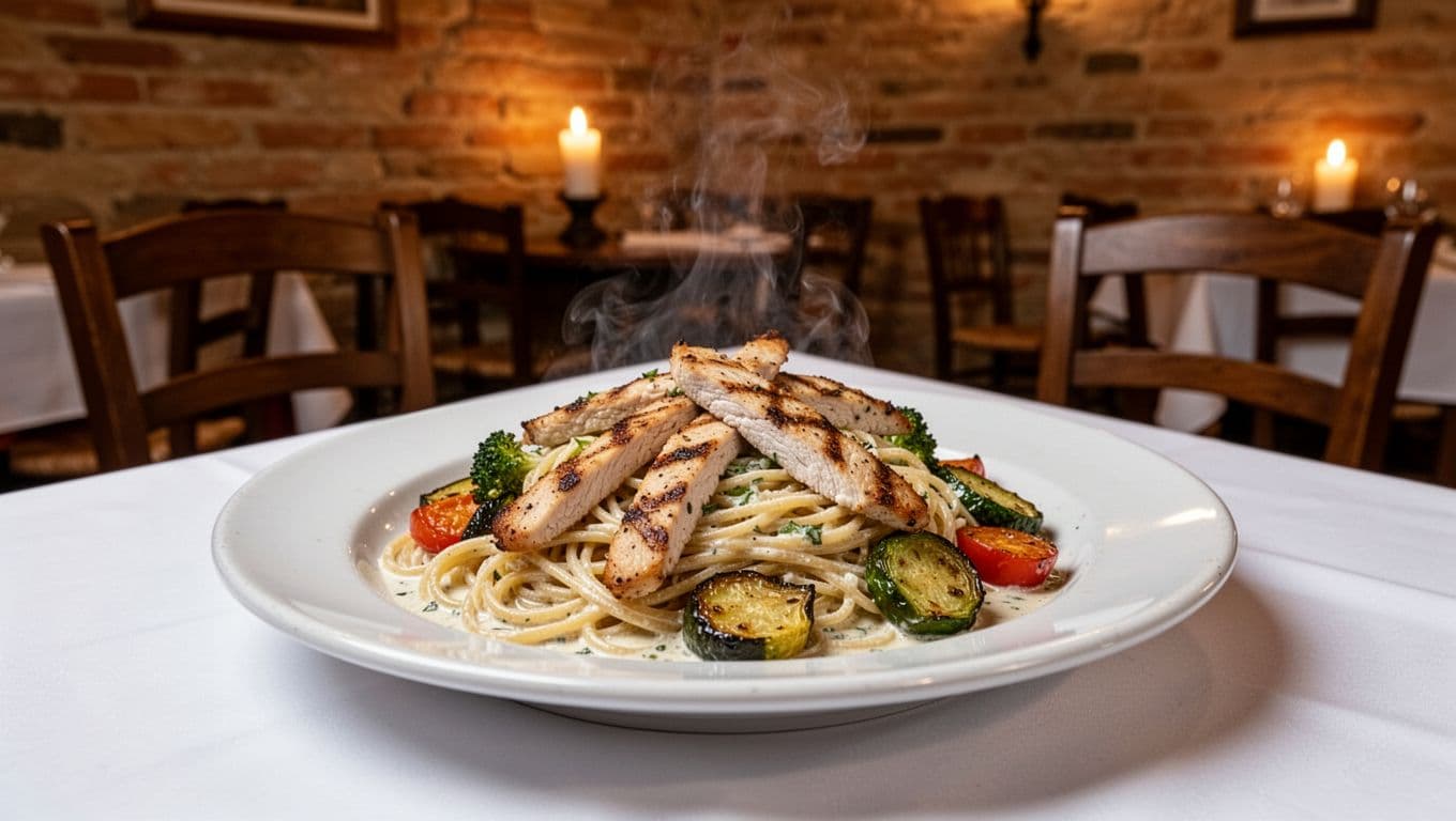 Plate of pasta with grilled chicken and vegetables in creamy sauce on white tablecloth in Tuscan grill with brick walls and 'Pasta Night' banner.
