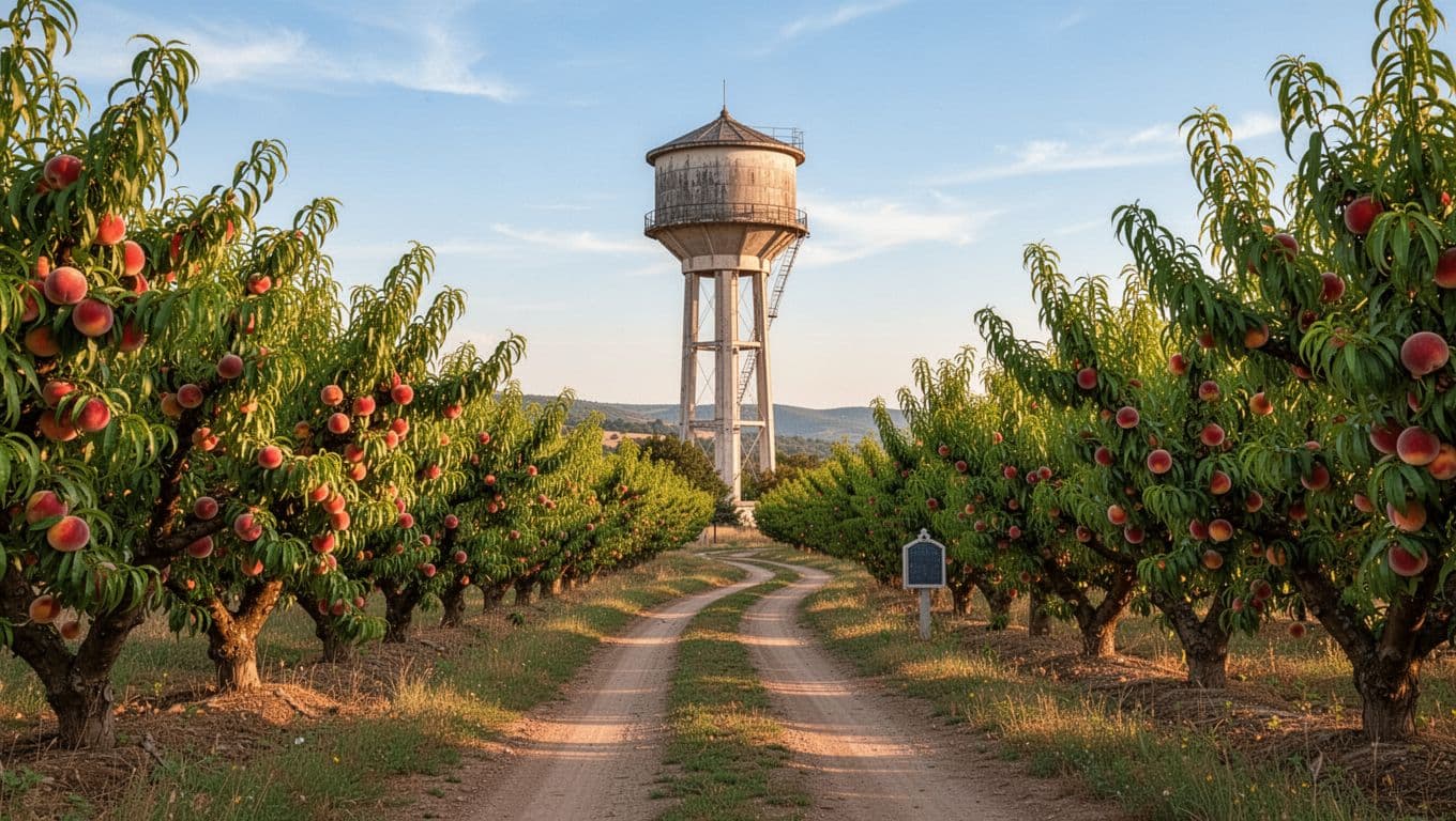 Scenic peach orchard featuring the iconic water tower landmark in Clanton, Chilton County, Alabama, with golden hour sunlight and bold 'Peach Stops' headline band. Wide landscape captures open fields, dirt road, and vibrant peach country vibe for travelers.