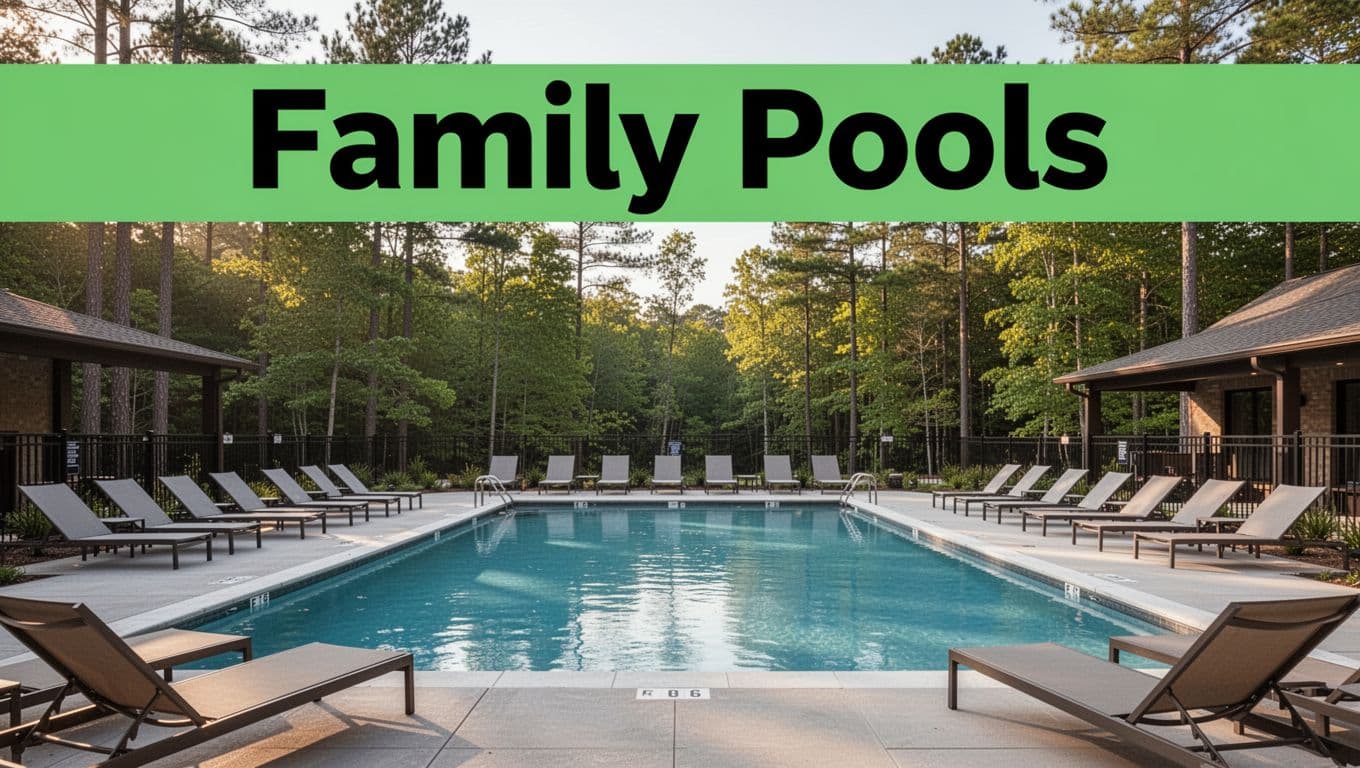 Outdoor hotel pool area in Pelham, Alabama surrounded by trees near state park with empty lounge chairs, calm water, sunny light, modern deck and bold Family Pools headline.