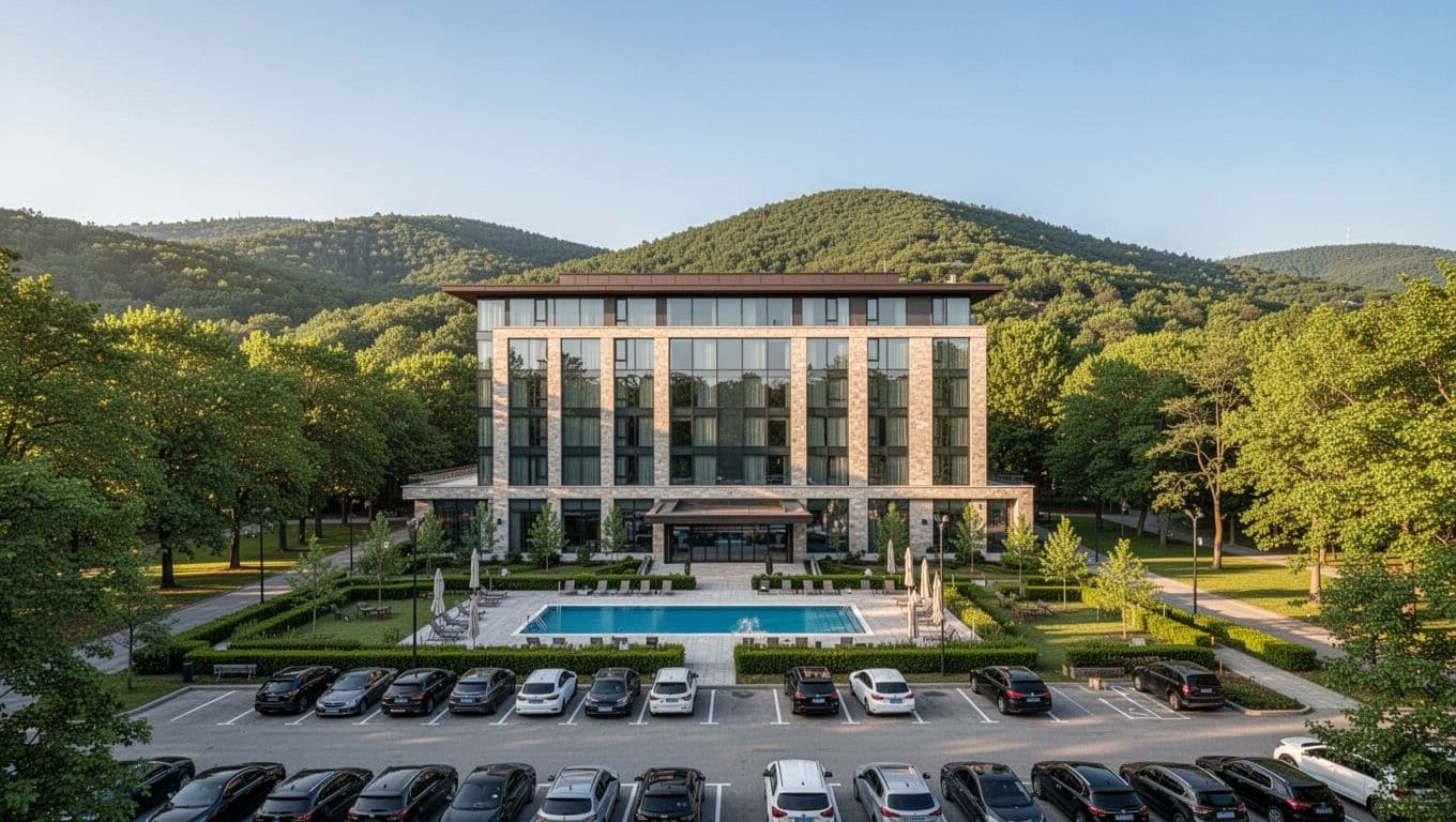 Modern hotel exterior in green wooded foothills beside state park entrance sign, with outdoor pool and parking lot in foreground under clear blue sky on sunny afternoon.