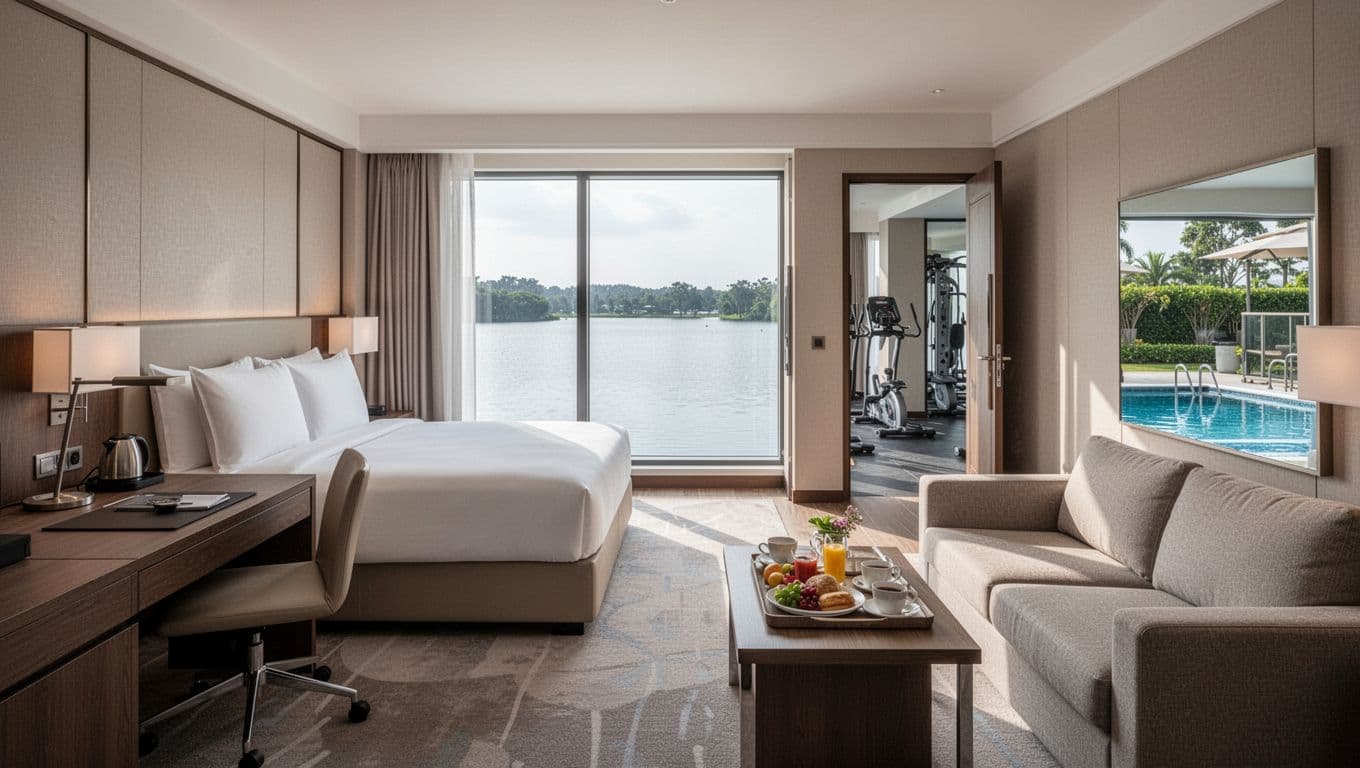 Clean modern hotel suite interior in Pell City style with king bed, desk, sofa, lake view window, breakfast tray, and adjacent fitness room and pool. Realistic photo style with soft natural daylight and bold 'Hotel Amenities' headline band.