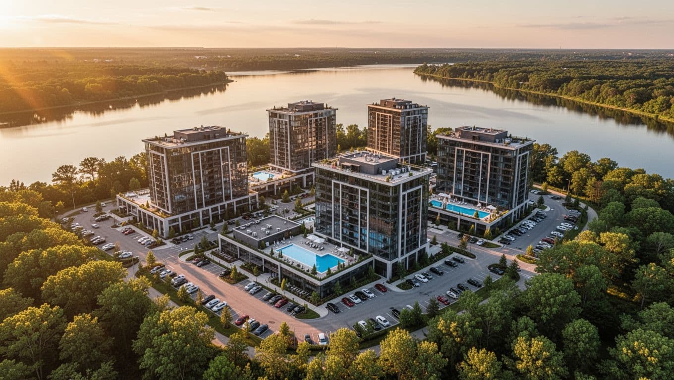 Aerial view of top hotels in Pell City, Alabama, near Logan Martin Lake at sunset, showcasing modern buildings with pools, parking lots, lush greenery, and water in the background.