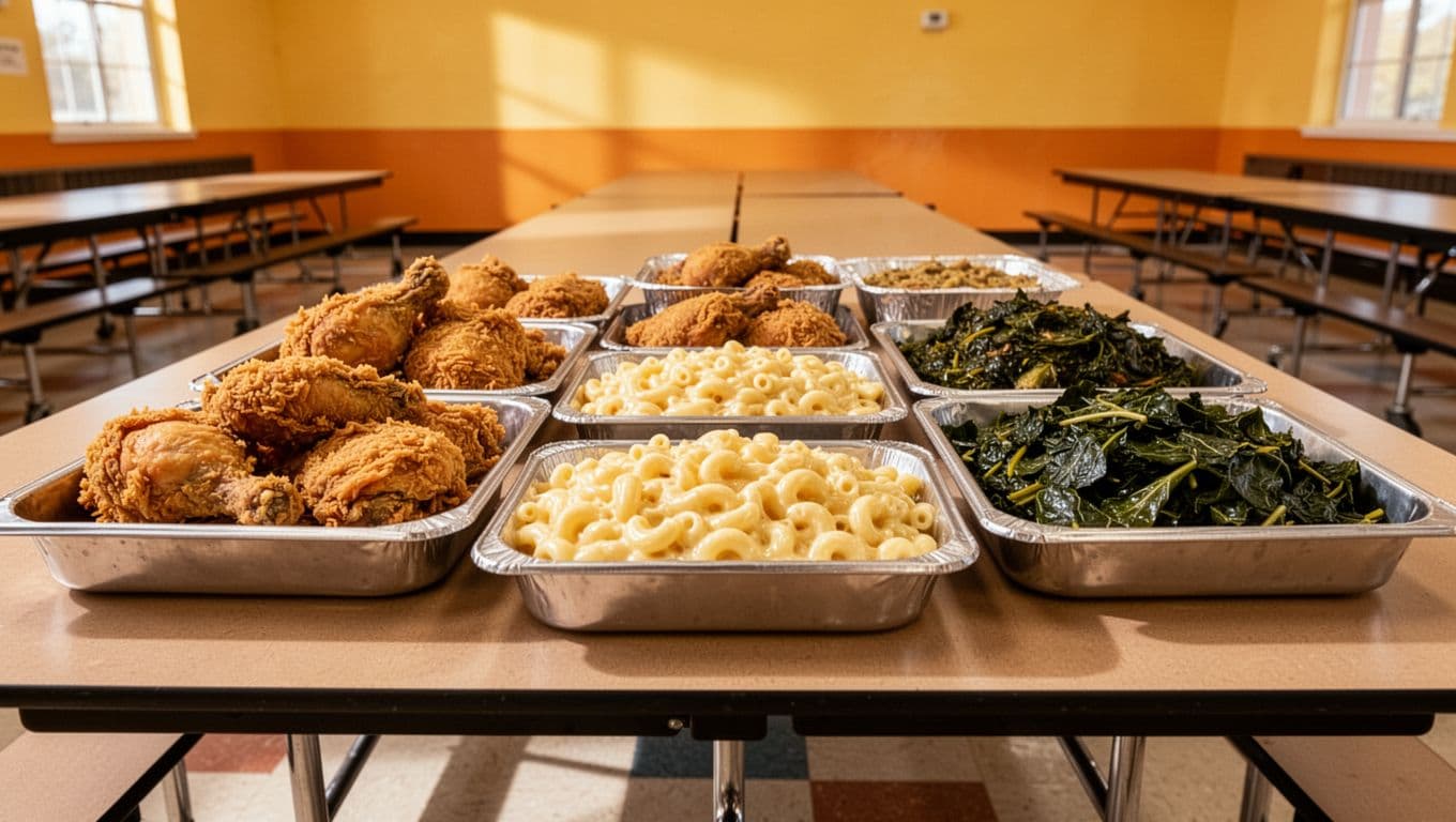 Buffet table with fried chicken, mac and cheese, collards on trays in bright cafeteria hall under green 'Buffet Choice' band.
