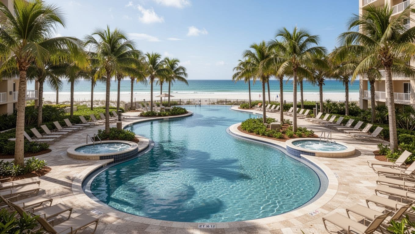 Curving lazy river pool under sunny sky at Pensacola Beach resort, featuring clear blue water through palm-lined areas, nearby hot tubs, distant Gulf beach, and empty lounge chairs. Landscape view with bold 'Poolside Bliss' headline on green band.