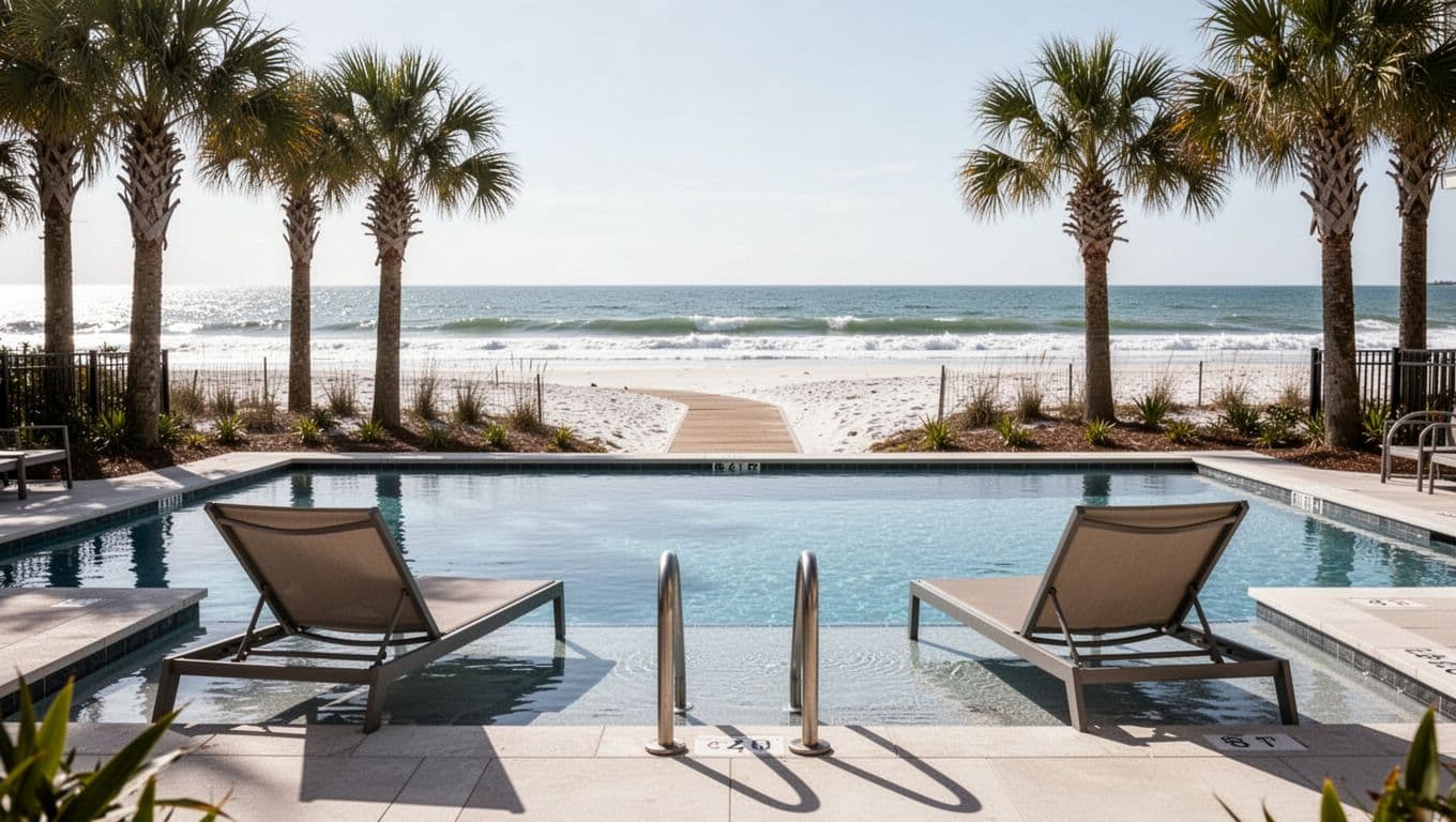 Photorealistic modern mid-range hotel pool area near Pensacola Beach with two lounge chairs, ocean view, white sand, and palm accents. Relaxed daytime scene showing pool deck leading to beach path under bright natural daylight.