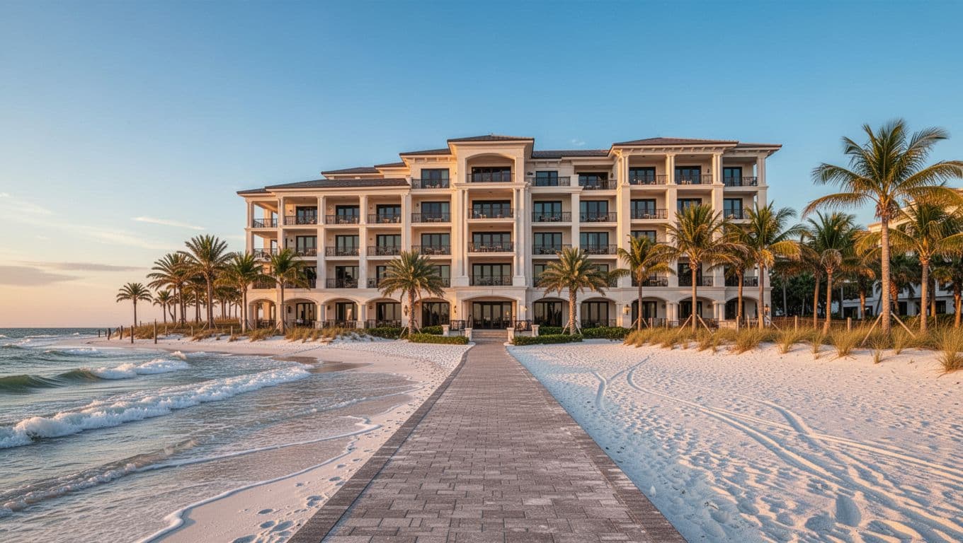 Photorealistic exterior of a luxury Pensacola Beach resort at golden hour sunset, featuring direct Gulf access path, white sand beach, palm trees, and gentle ocean waves, with bold 'Beachfront Bliss' headline in green band.