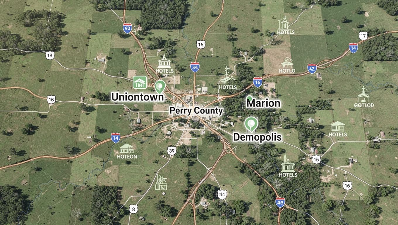 Illustrative top-down map of Perry County Alabama marks hotels near Uniontown shows Marion Demopolis green fields highways green headline band.