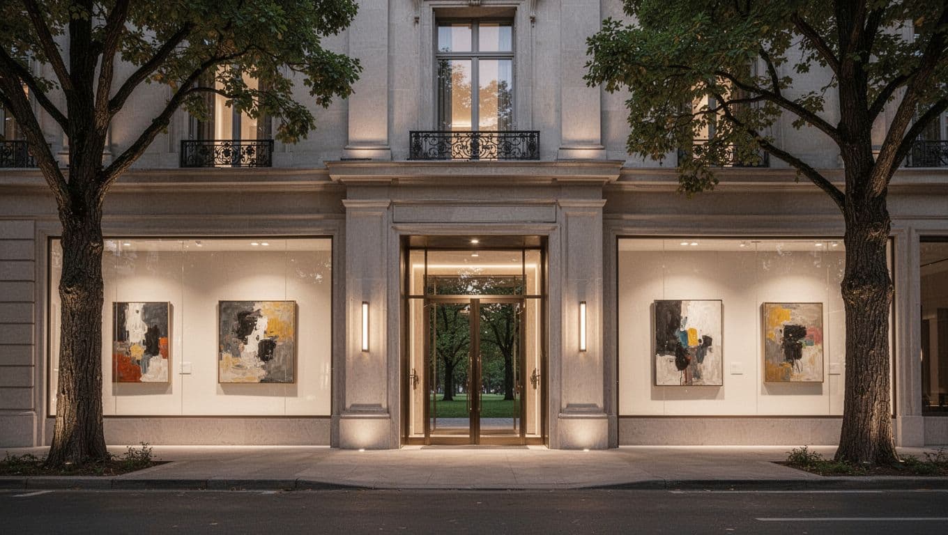 Street-level view of Perry Lane Hotel's modern luxury entrance in Savannah, blending contemporary accents with classic architecture near Forsyth Park trees under warm evening ambient lighting. Features a bold emerald green header band with 'Luxury Near Park' headline in clean geometric sans-serif.