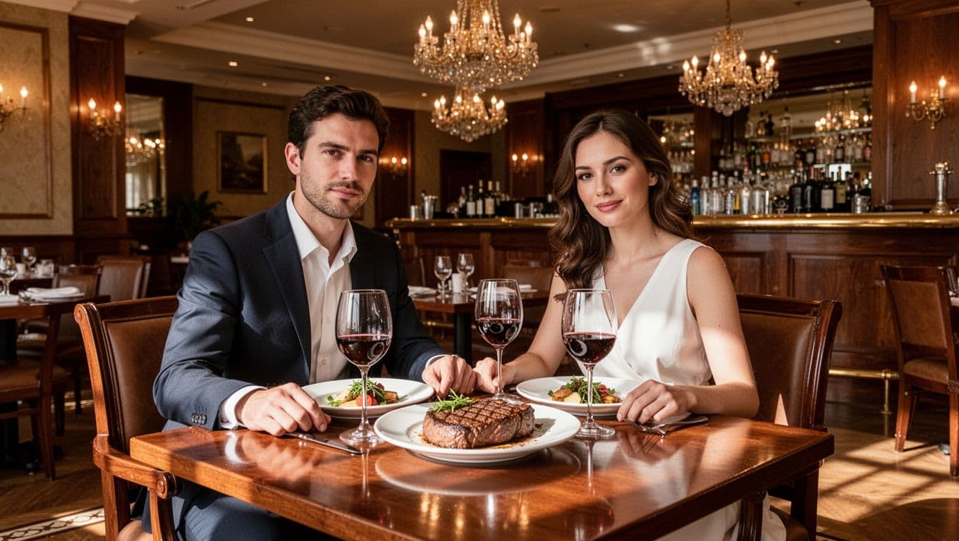 Elegant Perry's steakhouse with couple at central table set with steaks and wine under top 'Steak Perfection' banner.
