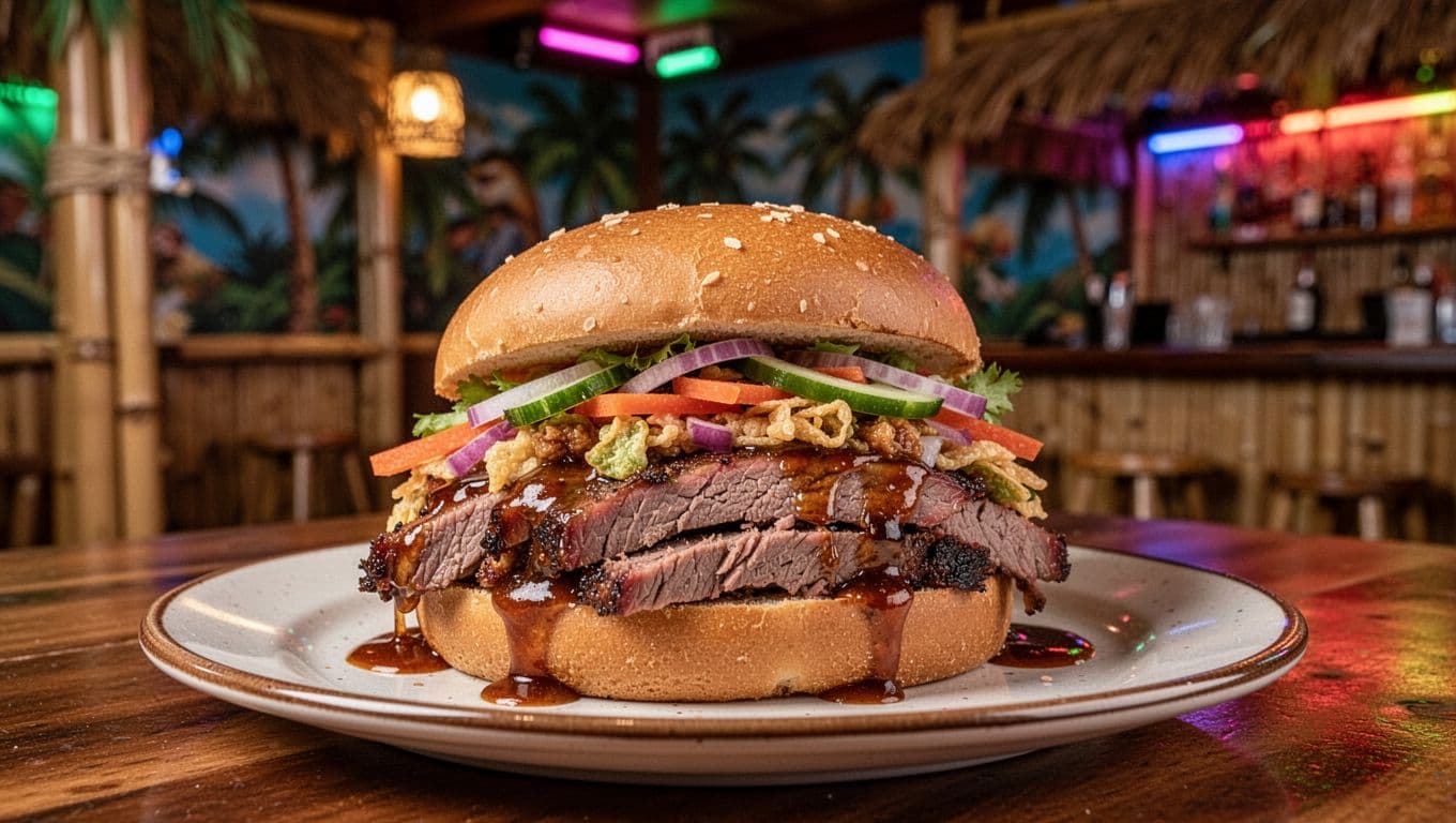 Loaded BBQ brisket fusion sandwich with eclectic toppings on a plate in quirky tiki bar with blurred tropical background and Phat Sammy's green headline band.