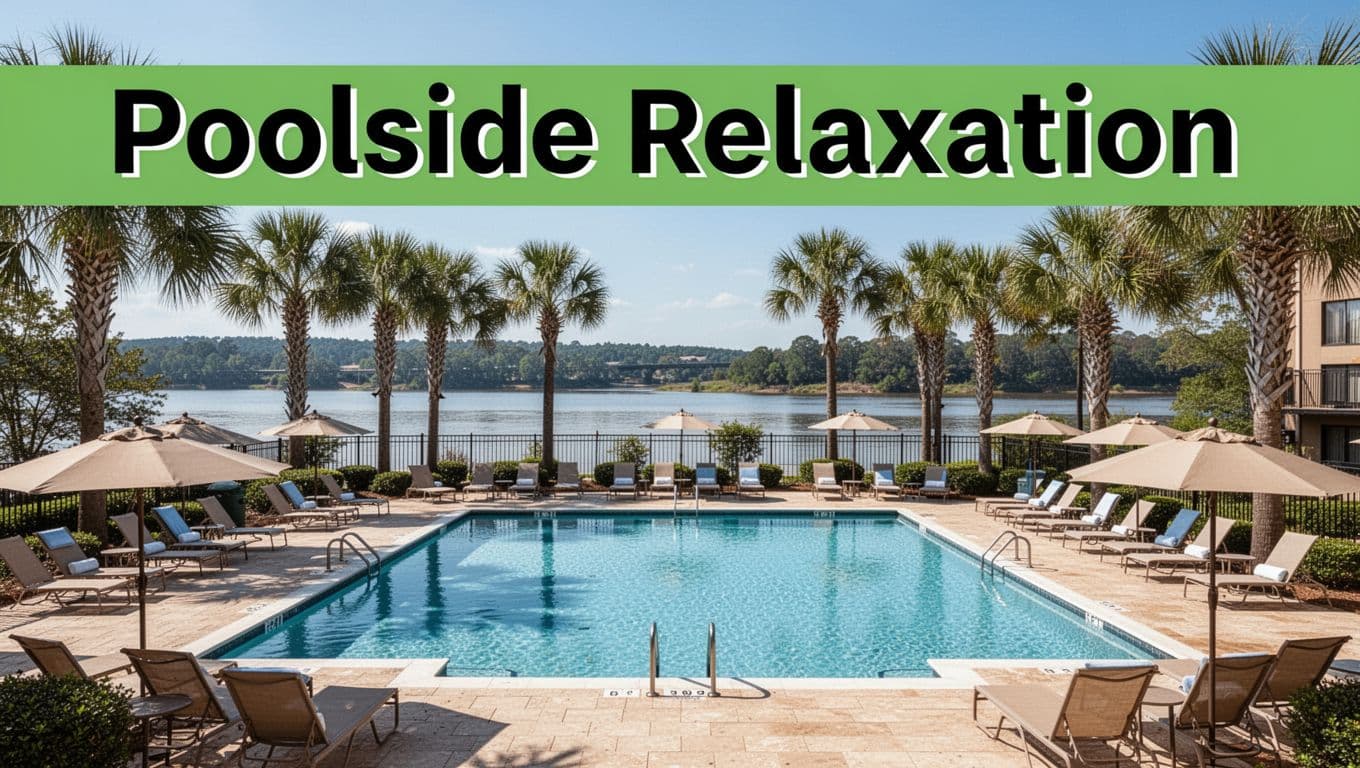 Sunny outdoor hotel pool in Phenix City, Alabama, with lounge chairs, umbrellas around clear blue water, palm trees, and Chattahoochee River in distance. Vibrant realistic photo highlighting inviting relaxation spot with bold 'Poolside Relaxation' headline.