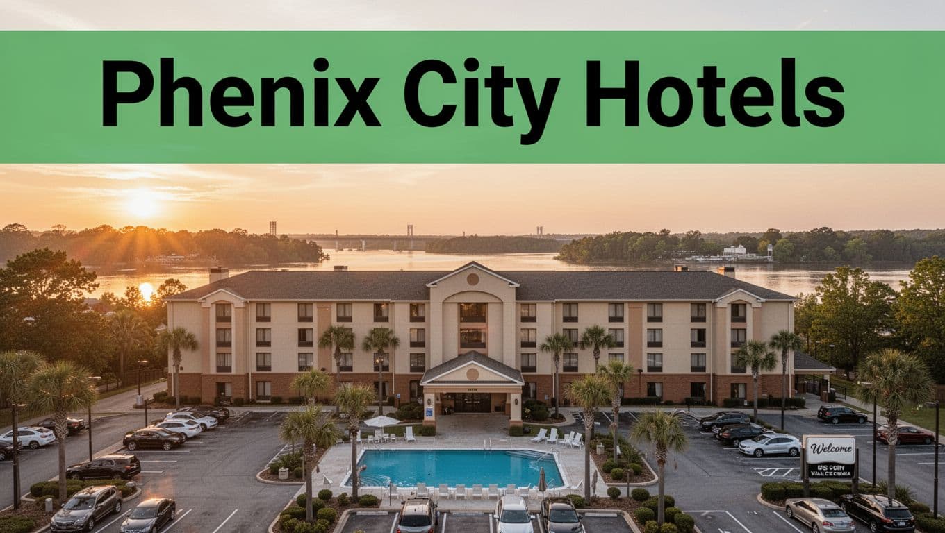 Hotel exterior in Phenix City, Alabama at golden hour sunset with Chattahoochee River in the background, outdoor pool and parking lot in foreground, centered building under bold 'Phenix City Hotels' green headline band.