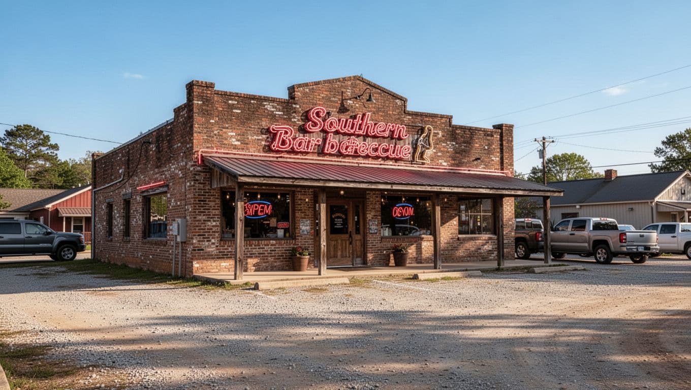 Rustic brick exterior of Phenix City Stop, a Southern barbecue restaurant in small-town Alabama, with neon sign, gravel parking lot featuring pickup trucks, and blue daytime sky in a wide-angle photorealistic view.