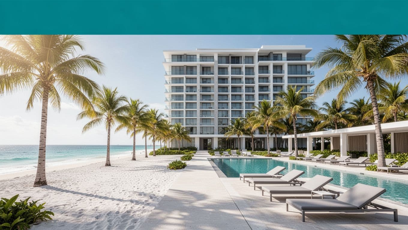 Photorealistic landscape image of Phoenix All Suites Hotel building near a white sand beach path to the ocean, featuring an outdoor pool with lounge chairs and palm trees under bright morning sunlight.