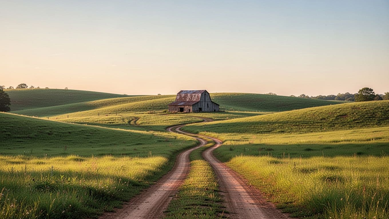 Dirt road winds through rolling green hills with old barn in distance at golden hour.