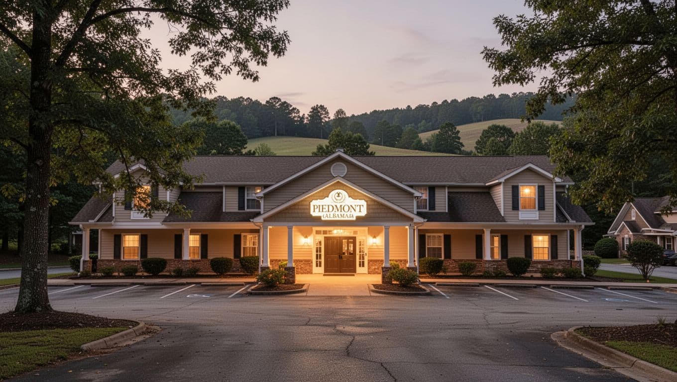 Exterior of a cozy small-town hotel in Piedmont, Alabama at dusk, with lit entrance sign, parking lot, trees, and hills; realistic photo with soft evening lights and a top green band featuring 'Local Stays' headline.