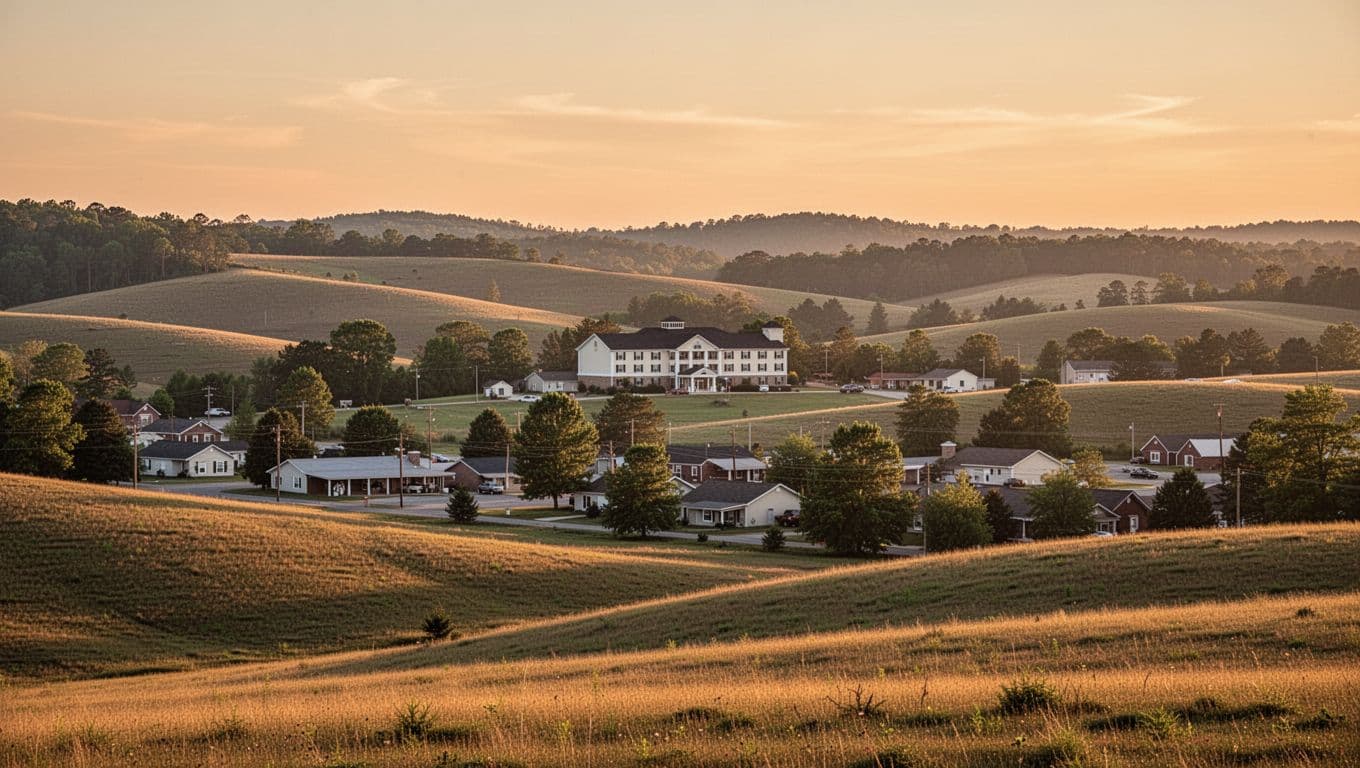 Scenic photorealistic landscape of Piedmont, Alabama in rural Calhoun County, featuring rolling hills, small town buildings, and a distant hotel exterior during golden hour sunset with warm lighting.