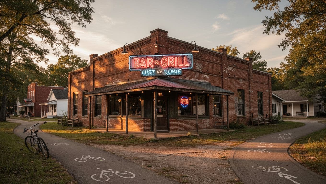 Brick historic bar and grill with neon sign and nearby bike trail in warm evening light, green top band with 'PIEDMONT EATS'.