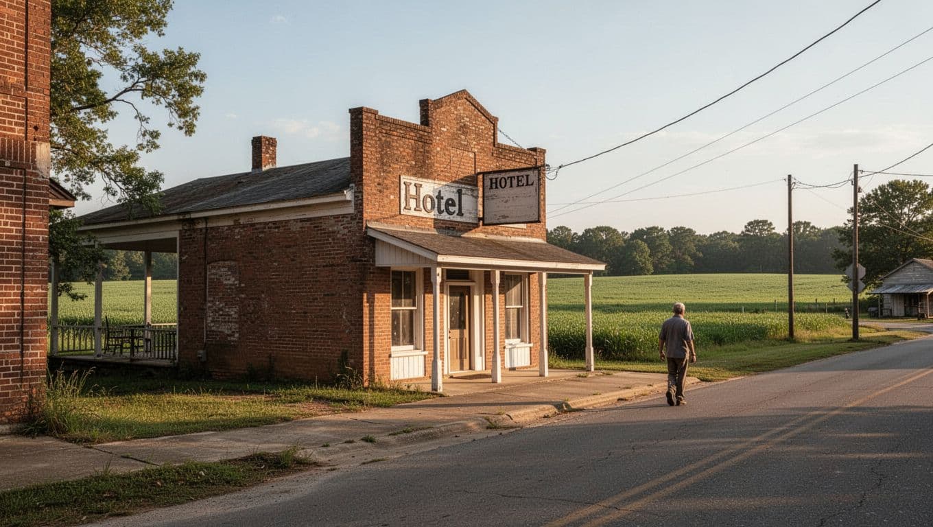 Quiet rural street in Pike County with cozy hotel exterior, green fields, one person walking below green Local Stays band.