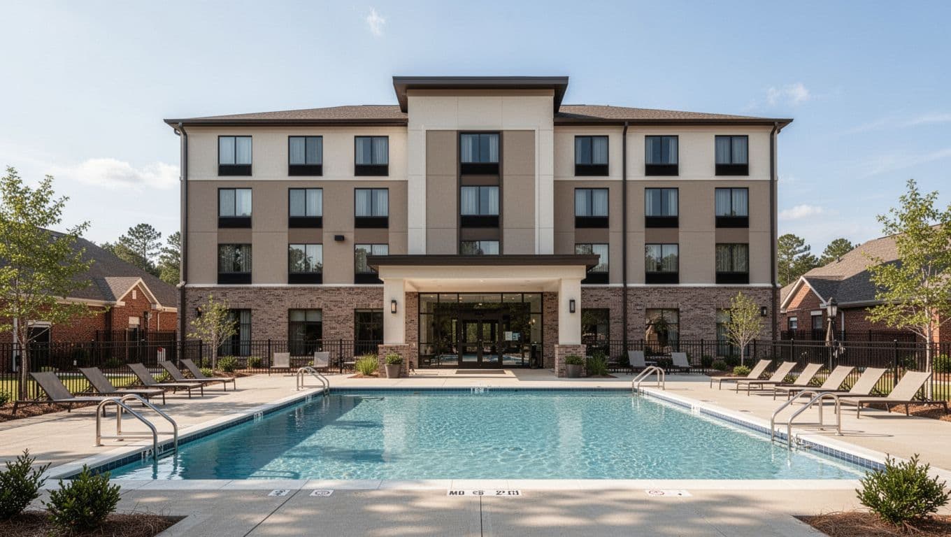 Exterior view of a modern hotel building with pool area in suburban Alabama near Montgomery, clear daytime sky, centered on entrance and pool, realistic photo style, no people, with green top banner headline 'Pike Road Stays'.