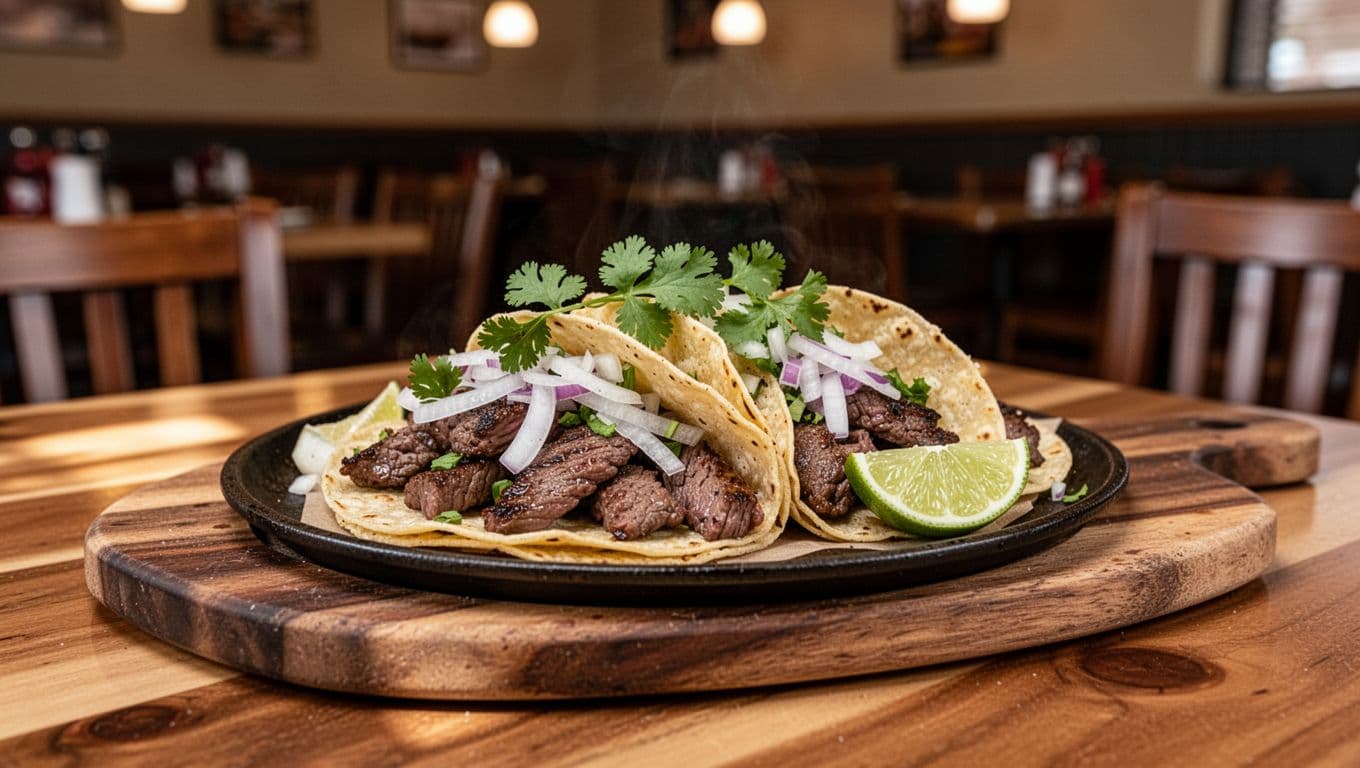 Plate of carne asada street tacos with onions, cilantro, lime on wooden board in blurred Alabama restaurant, green 'Pike Road Top' banner above.