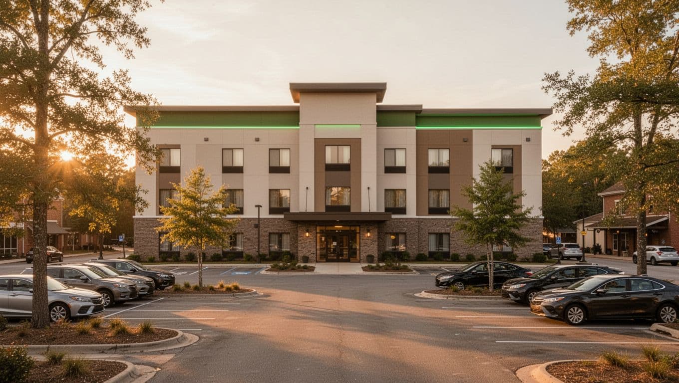 Cozy modern hotel building exterior in small town Alabama with parking lot and trees, front view in warm evening light, realistic photo style featuring bold 'Pinson Stays' headline in green band at top.