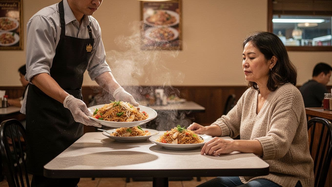 Steaming curry pad Thai dishes on table in busy Pinto Thai restaurant, one server and two relaxed diners.