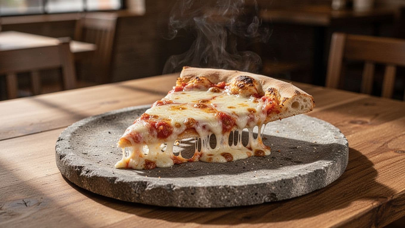 Steaming pizza slice with cheese pull on stone plate below green PIZZA NIGHTS banner in cozy pizzeria.