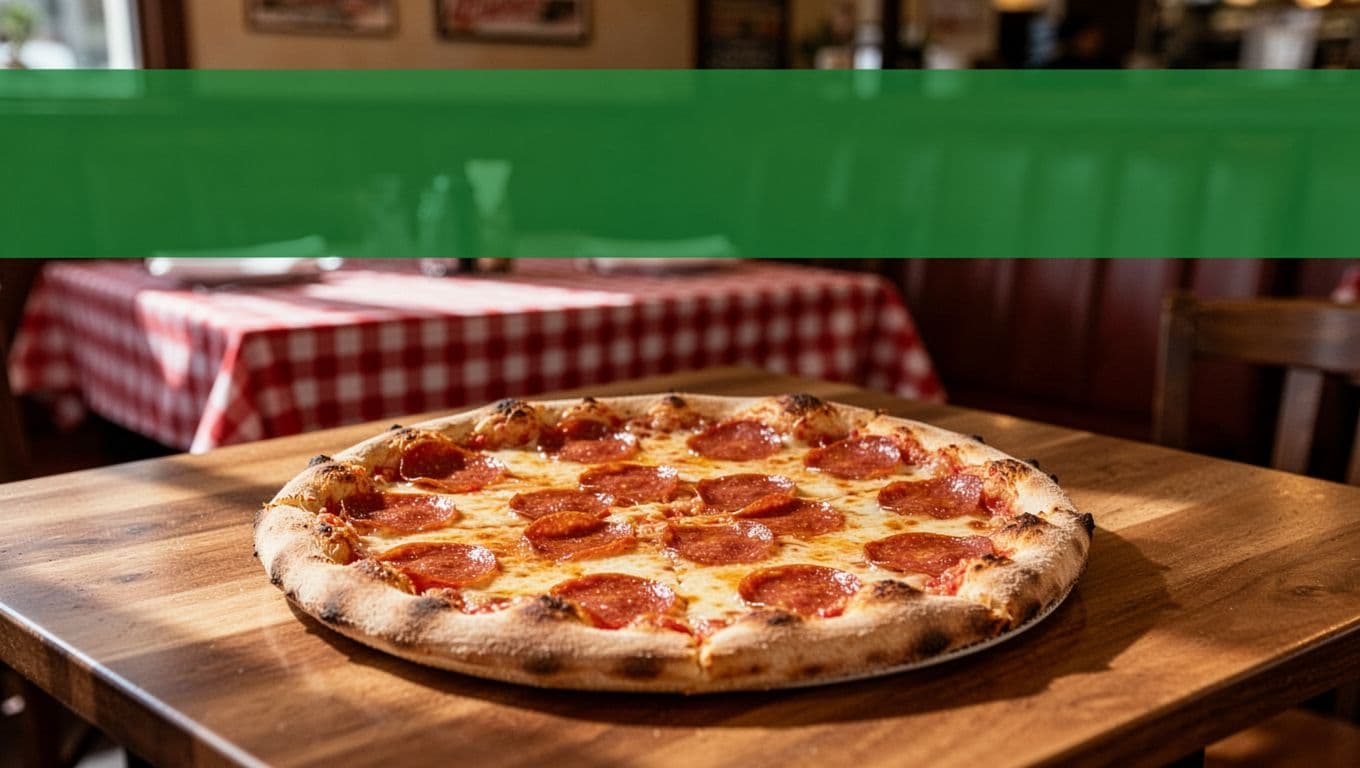 Green 'PIZZA SPOT' band at top above fresh pepperoni pizza on wooden table in cozy pizzeria interior.