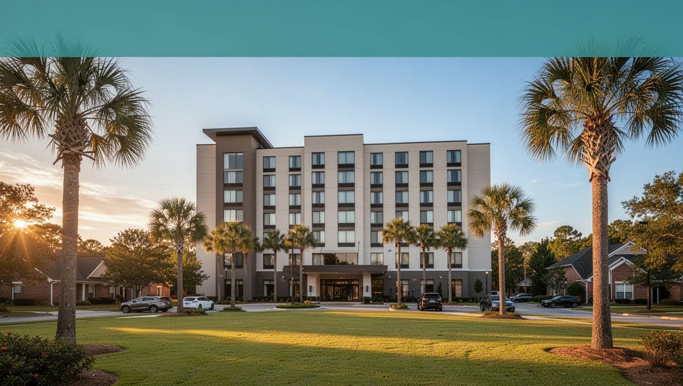 Modern mid-rise hotel exterior in quiet Alabama suburb during golden hour sunset, with palm trees, green lawns, parked cars, and bold 'Local Gems' headline on green band.