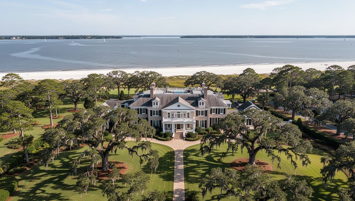 Aerial view of historic resort on Mobile Bay waterfront with lush grounds, ancient oaks, sandy beach, bay waters, and top green 'POINT CLEAR' headline band.