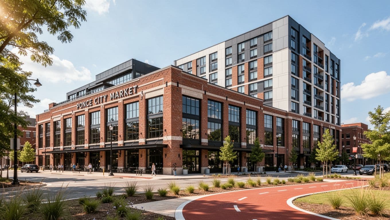 Realistic wide-angle photograph of Ponce City Market exterior in Atlanta's Old Fourth Ward on a sunny day, showing a nearby modern hotel facade to highlight proximity, with bold 'Closest Stays' headline in green band at top.
