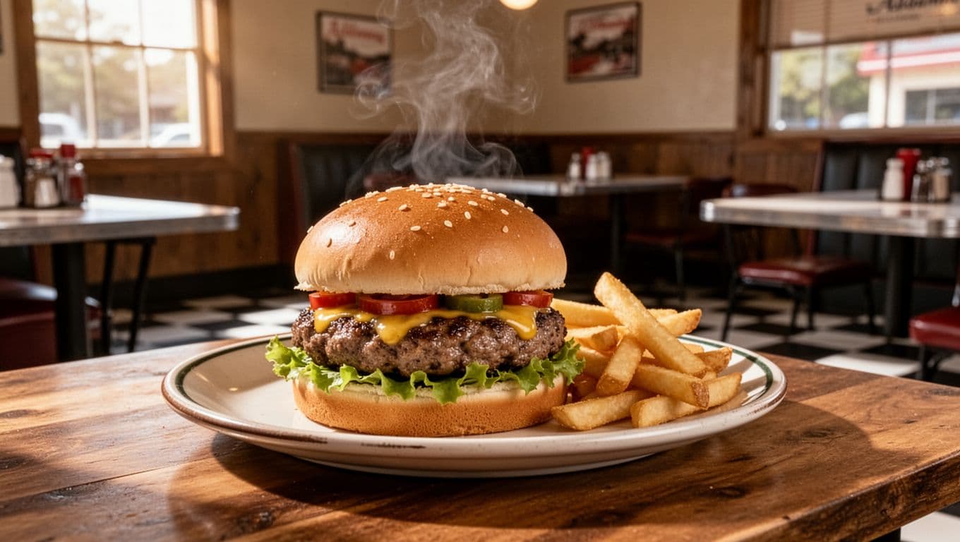 Better Be Hungry burger with fries on plate in Alabama diner with wooden tables and checkered floor under green Porky Barn banner.